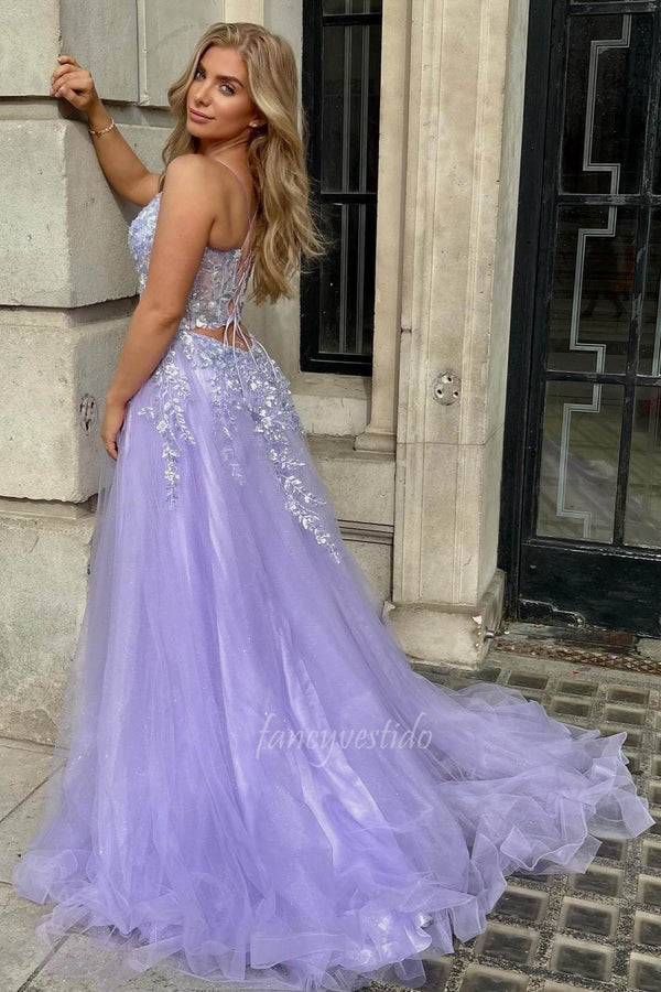 Elegant Lavender Lace Applique Corset Tulle Prom Dress