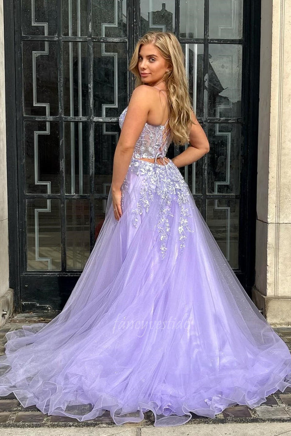 Elegant Lavender Lace Applique Corset Tulle Prom Dress
