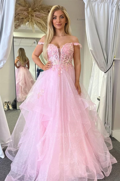 Sparkling Pink Off-Shoulder Applique A-Line Ruffle Prom Dress