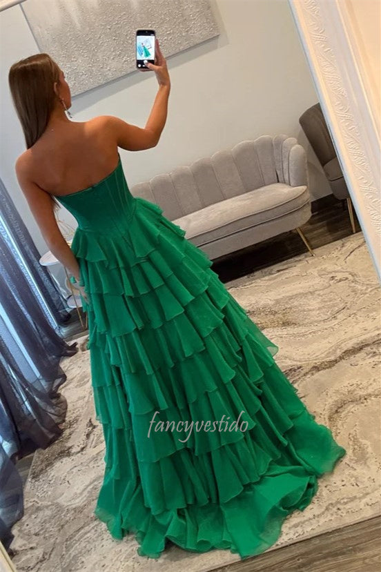Emerald Green Strapless Tiered Ruffle Chiffon Slit Prom Dress