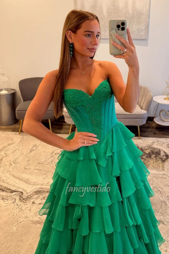 Emerald Green Strapless Tiered Ruffle Chiffon Slit Prom Dress FancyVestido Emerald Green Strapless Tiered Ruffle Chiffon Slit Prom Dress FancyVestido