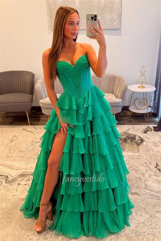 Emerald Green Strapless Tiered Ruffle Chiffon Slit Prom Dress