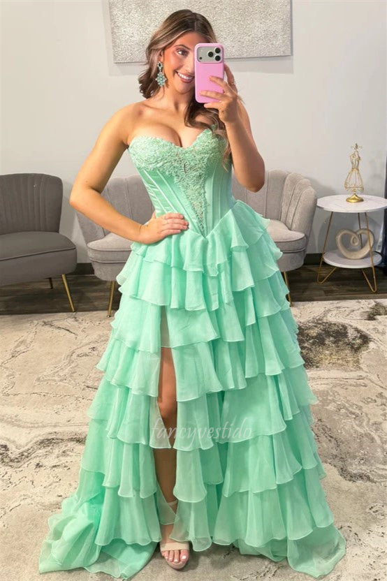 Emerald Green Strapless Tiered Ruffle Chiffon Slit Prom Dress