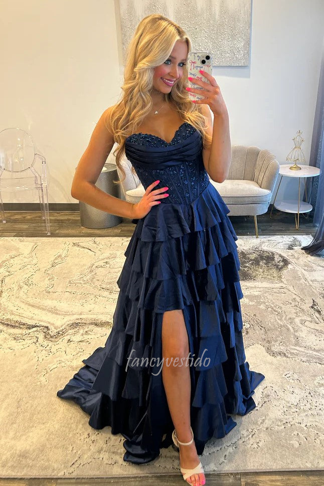 Elegant Navy Blue Strapless Applique Ruffle Prom Gown with Slit FancyVestido Elegant Navy Blue Strapless Applique Ruffle Prom Gown with Slit FancyVestido