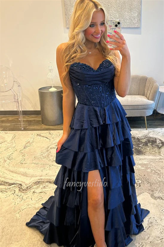Elegant Navy Blue Strapless Applique Ruffle Prom Gown with Slit