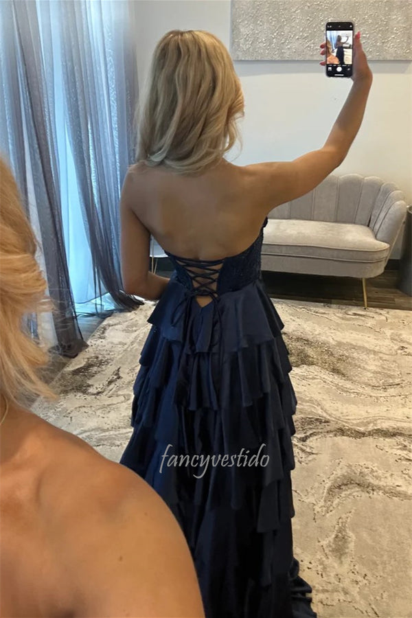 Elegant Navy Blue Strapless Applique Ruffle Prom Gown with Slit