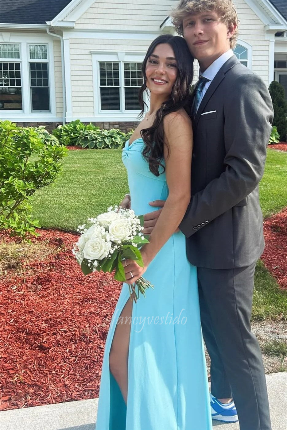 Elegant Strapless Sky Blue Prom Dress with High Slit FancyVestido Elegant Strapless Sky Blue Prom Dress with High Slit FancyVestido
