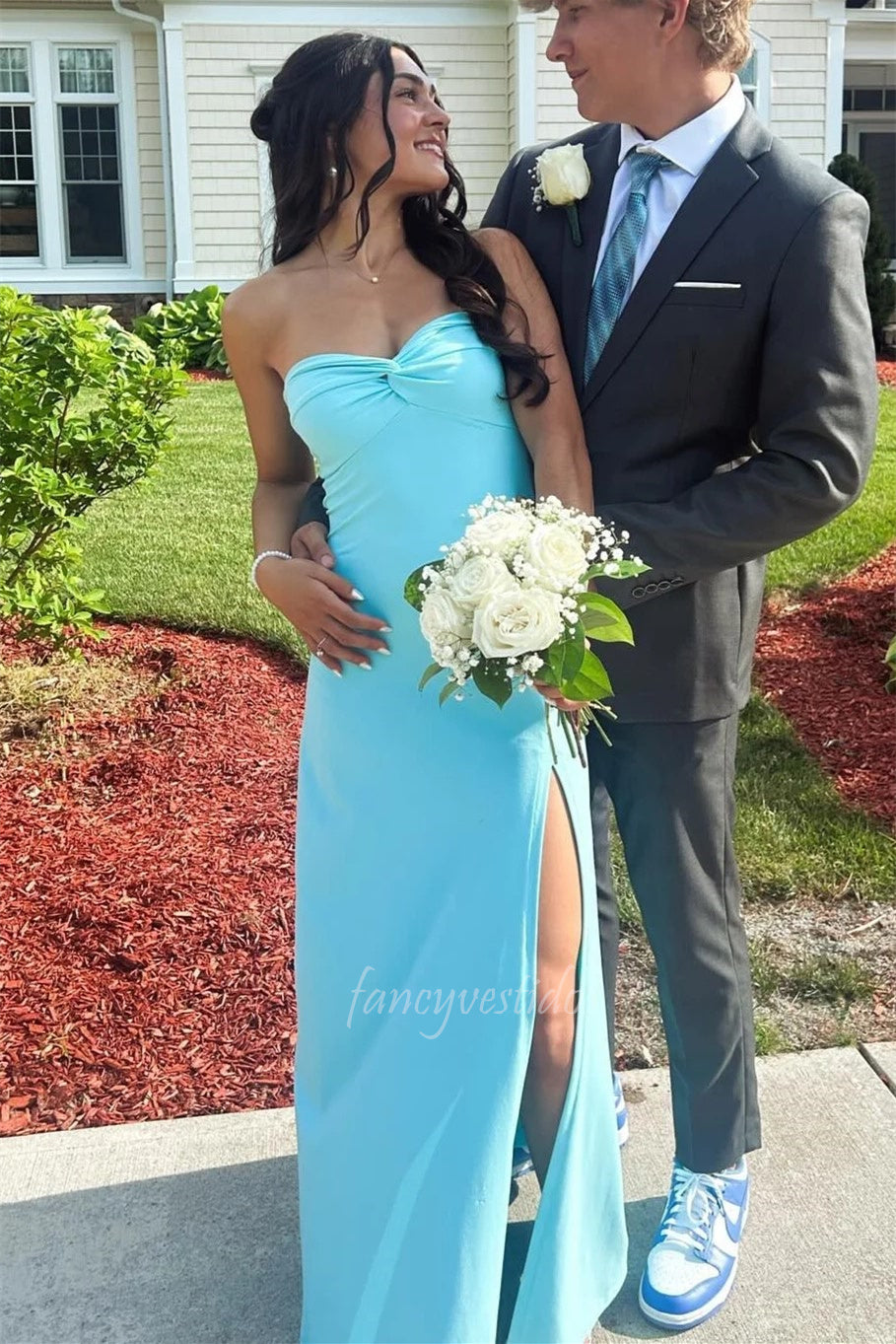 Elegant Strapless Sky Blue Prom Dress with High Slit