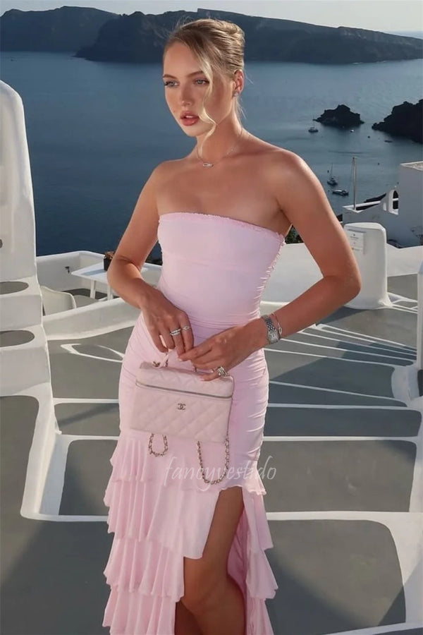 Chic Strapless Pink Ruched Prom Dress with Ruffled