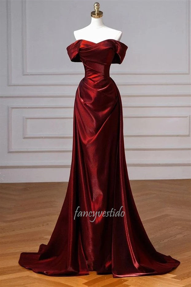 Elegant Off-Shoulder Burgundy Satin Evening Prom Gown