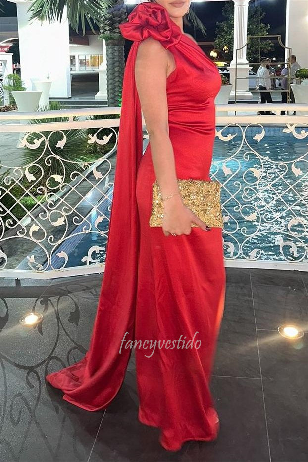 Stunning One-Shoulder Red Satin Prom Dress with Floral FancyVestido Stunning One-Shoulder Red Satin Prom Dress with Floral FancyVestido