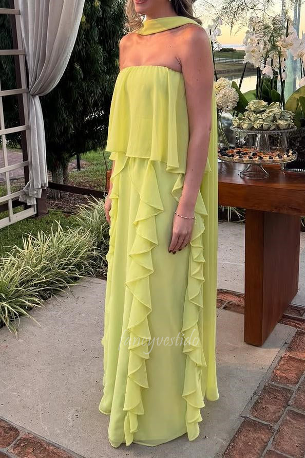 Elegant Yellow Strapless Maxi Prom Dress with Ruffled FancyVestido Elegant Yellow Strapless Maxi Prom Dress with Ruffled FancyVestido