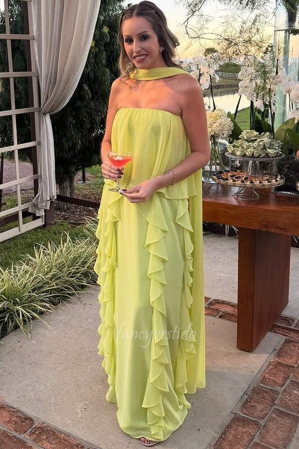 Elegant Yellow Strapless Maxi Prom Dress with Ruffled
