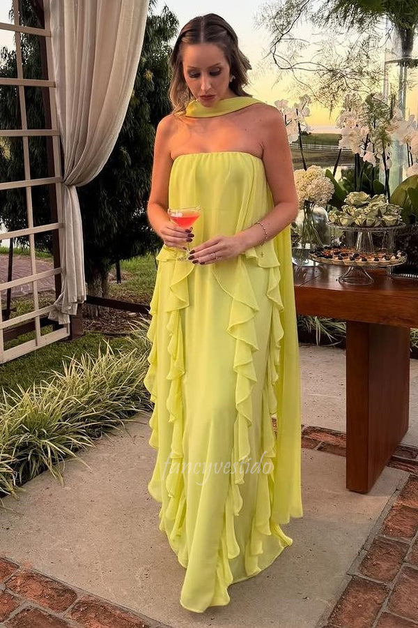 Elegant Yellow Strapless Maxi Prom Dress with Ruffled