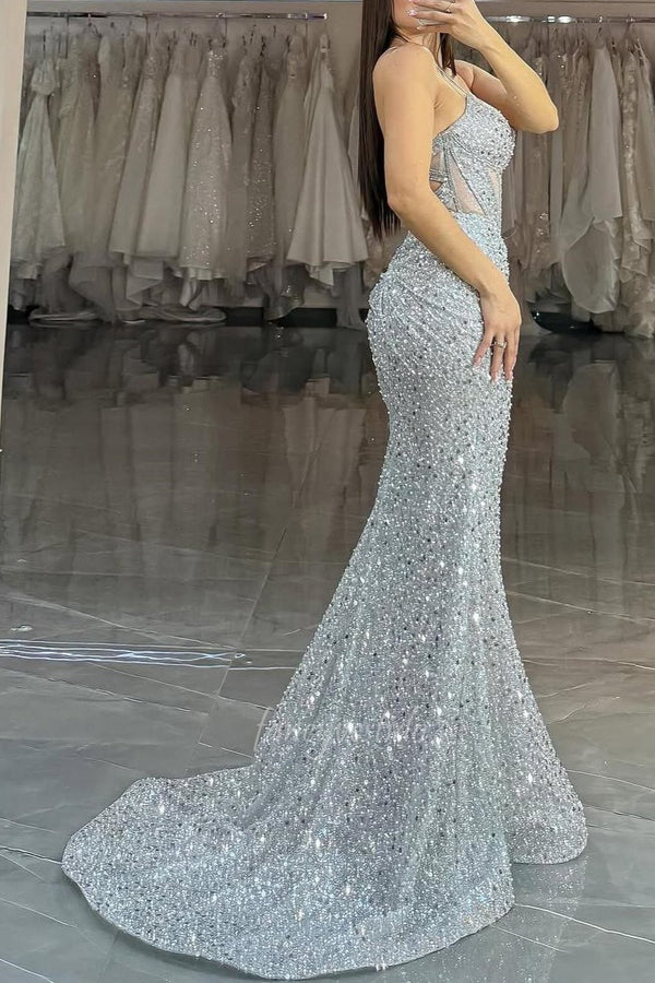 Glamorous Silver Sequin Mermaid Prom Dress with Cutout