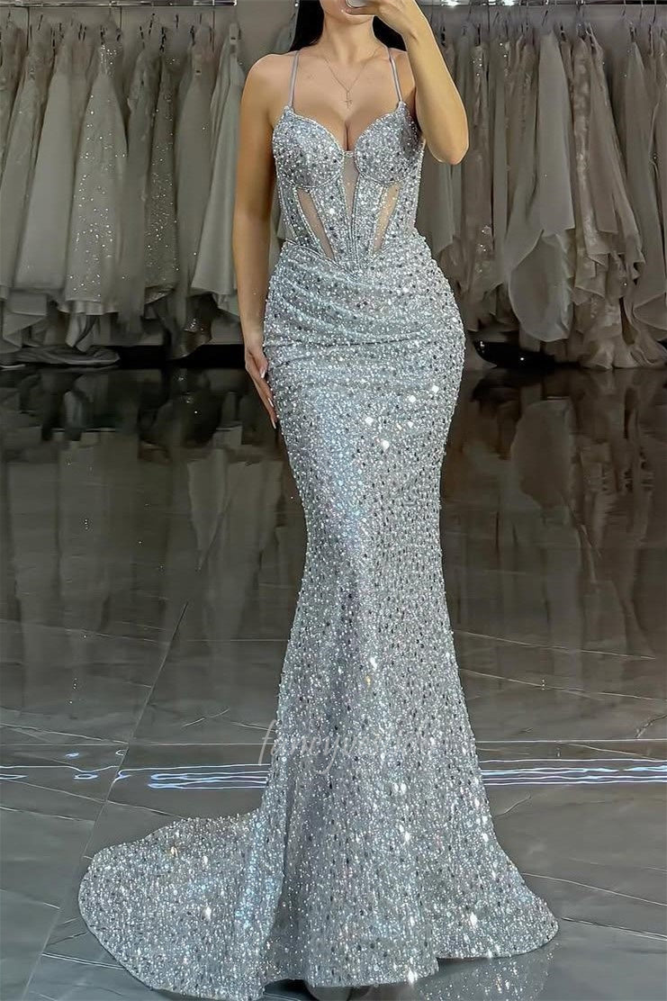 Glamorous Silver Sequin Mermaid Prom Dress with Cutout