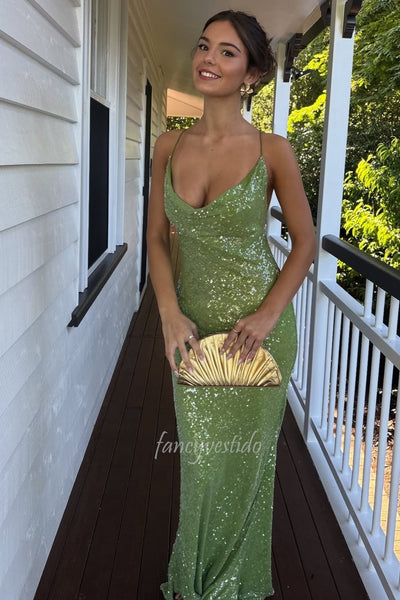 Chic Green Sequin Prom Dress with Spaghetti Straps