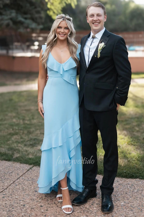 Elegant Light Blue V-Neck Prom Dress with Ruffled Hem