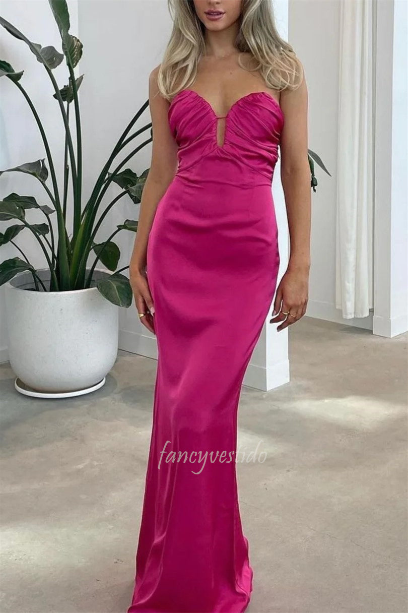Gorgeous Strapless Fuchsia Satin Mermaid Prom Dress with Keyhole