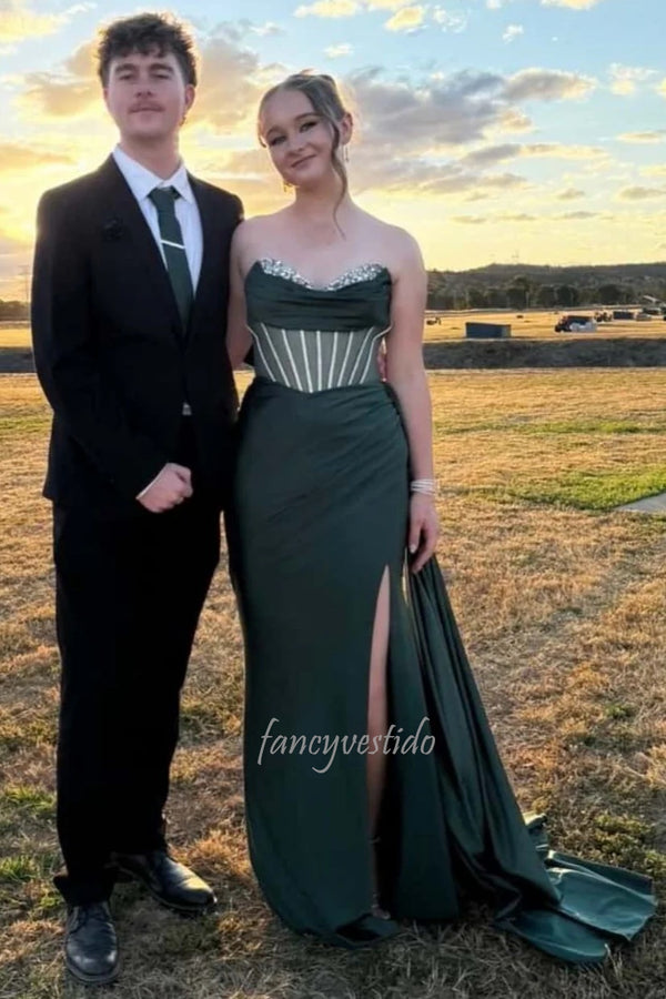 Gorgeous Light Blue Corset Boned Prom Dress with Side Slit