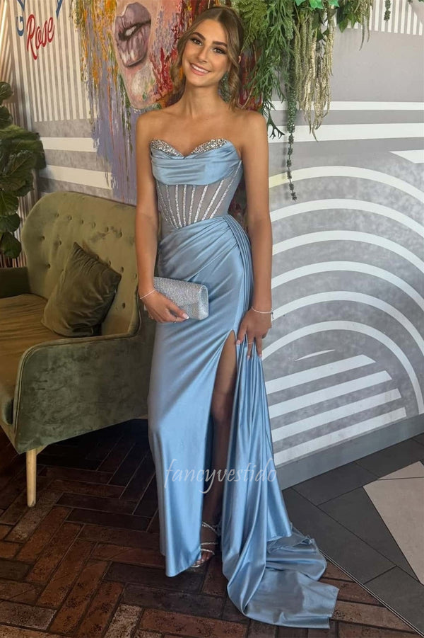 Gorgeous Light Blue Corset Boned Prom Dress with Side Slit