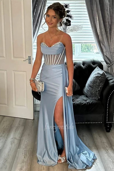 Gorgeous Light Blue Corset Boned Prom Dress with Side Slit