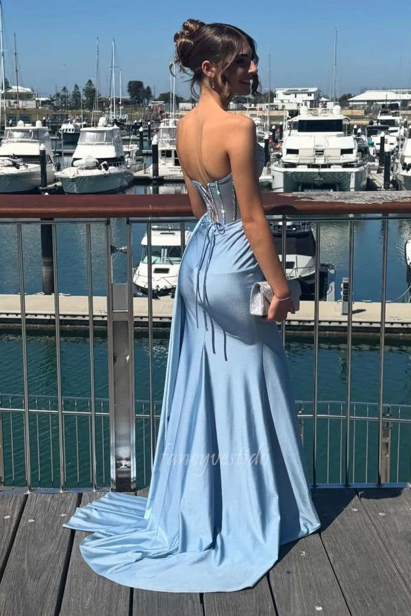 Gorgeous Light Blue Corset Boned Prom Dress with Side Slit