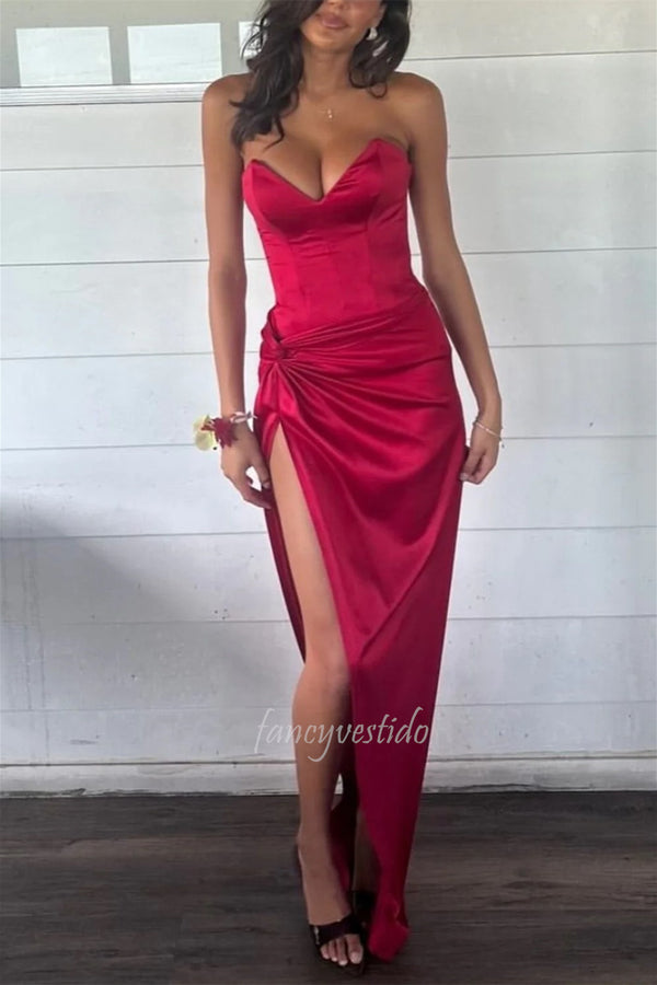 Stunning Red Strapless Maxi Dress with High Slit