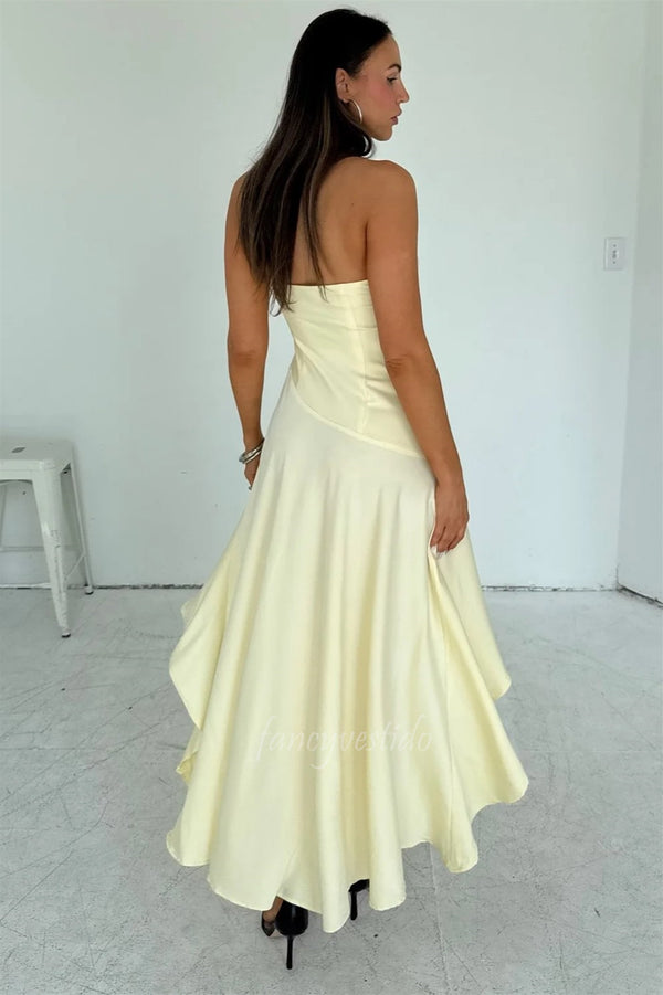 Elegant Yellow Strapless Ruffle Prom Dress with High-Low Hem
