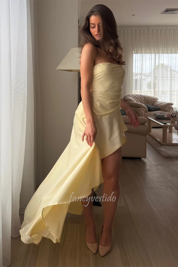 Elegant Yellow Strapless Ruffle Prom Dress with High-Low Hem