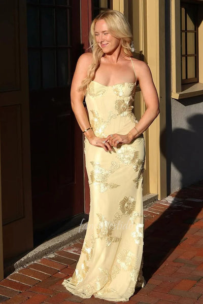 Spaghetti Straps Jacquard Maxi Prom Dress with Lace-up Back