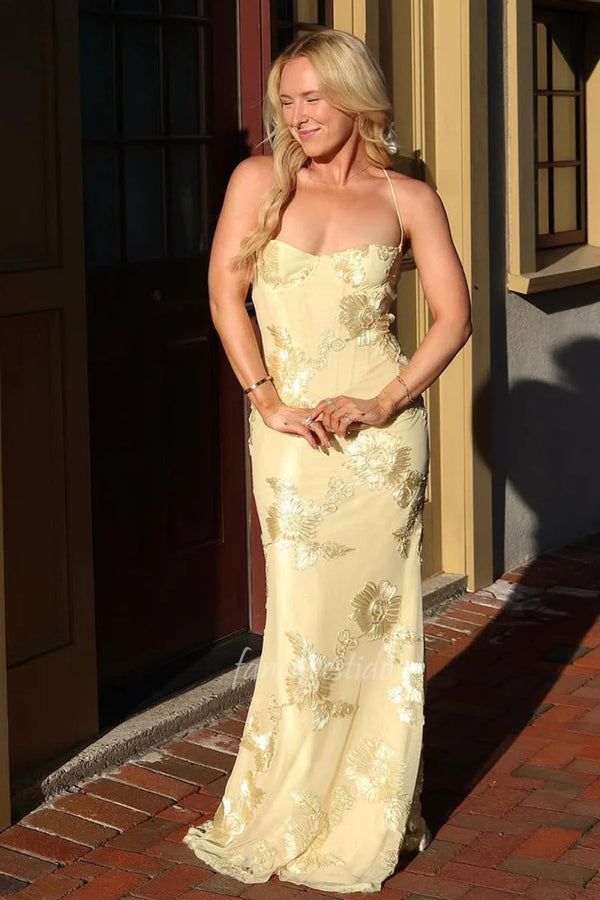 Spaghetti Straps Jacquard Maxi Prom Dress with Lace-up Back