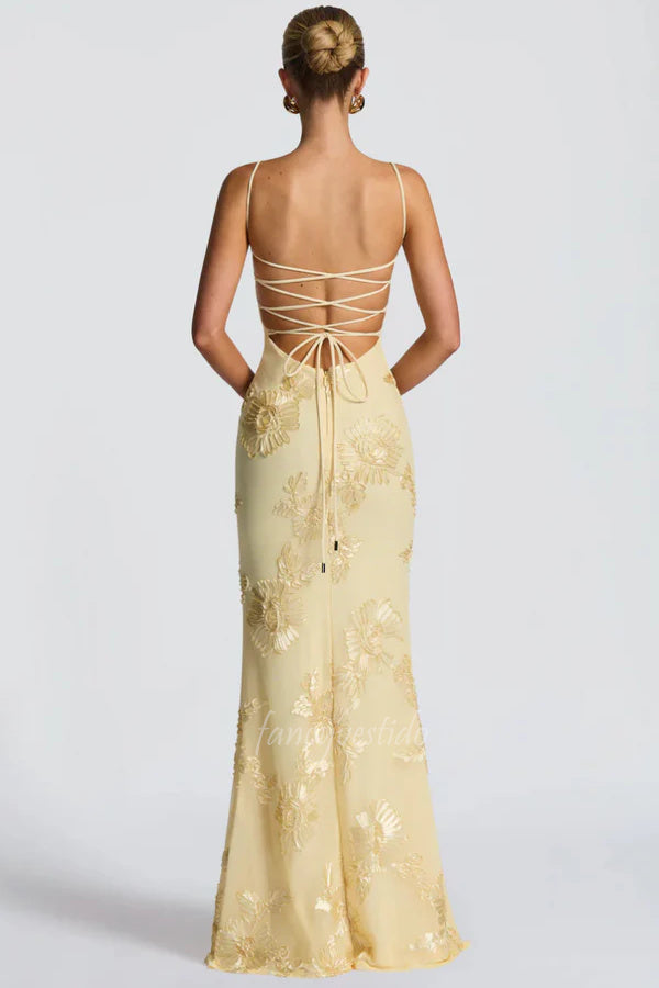 Spaghetti Straps Jacquard Maxi Prom Dress with Lace-up Back
