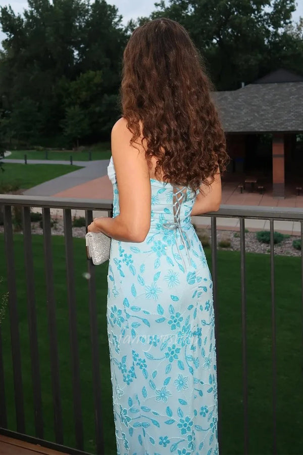 Glitter Strapless Blue Beaded Applique Fitted Maxi Dress