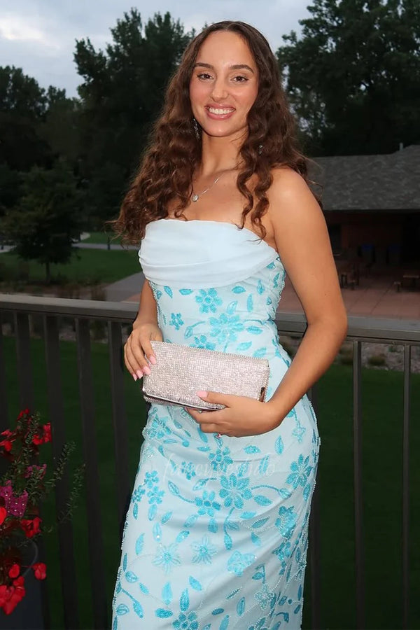 Glitter Strapless Blue Beaded Applique Fitted Maxi Dress