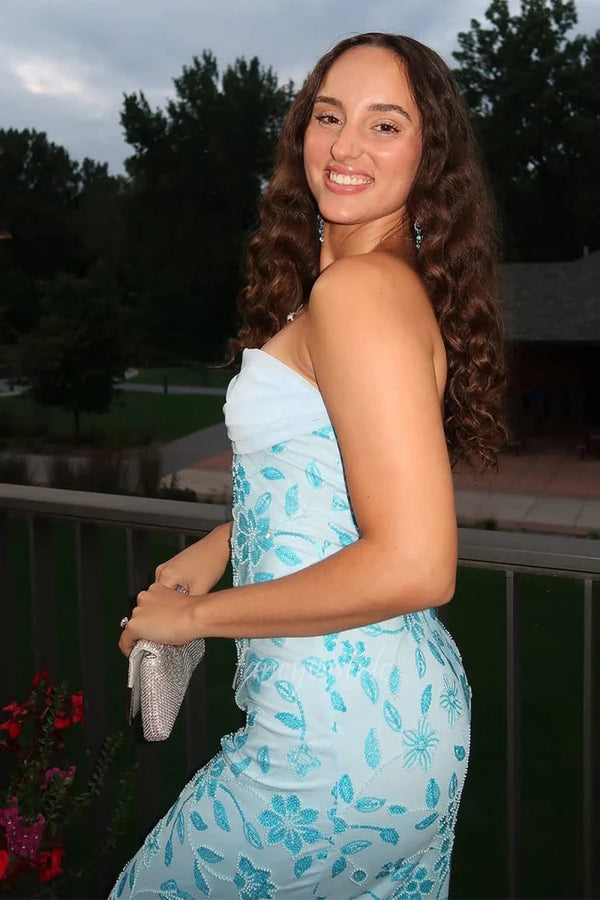 Glitter Strapless Blue Beaded Applique Fitted Maxi Dress