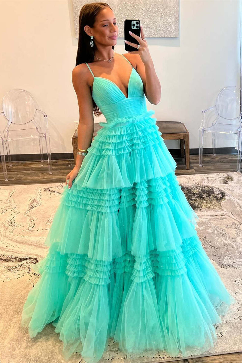 Elegant Light Blue Side Slit Tulle Long Prom Dress