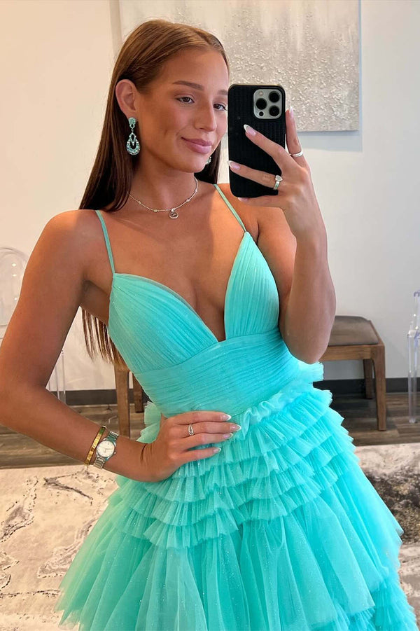 Elegant Light Blue Side Slit Tulle Long Prom Dress