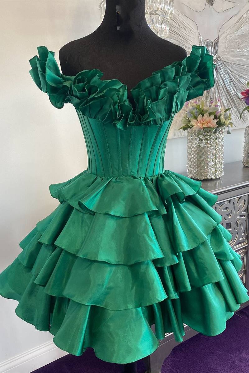 green strapless a-line tiered short homecoming dress full shot