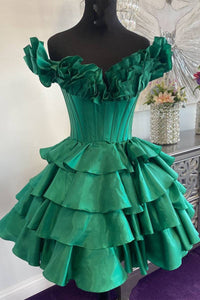 green strapless a-line tiered short homecoming dress full shot