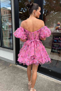 Off the Shoulder Hot Pink Corset Floral Ruffle Homecoming Dress