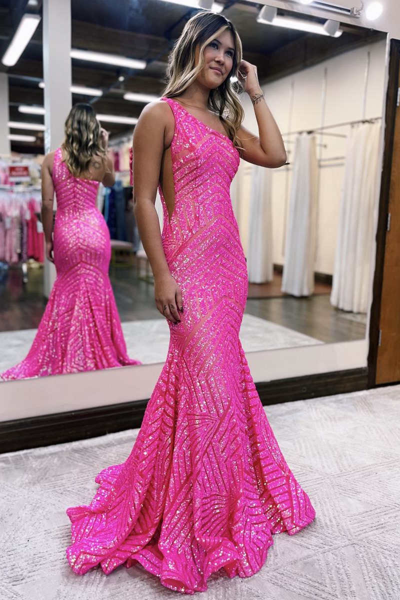 パーティードレス One Shoulder Hot Pink Mermaid Prom Dress ZAPAKA Women Hot Pink Sparkly Mermaid One Shoulder Prom Dress