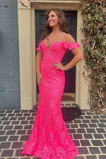 Magenta Off the Shoulder Mermaid Lace Prom Dress