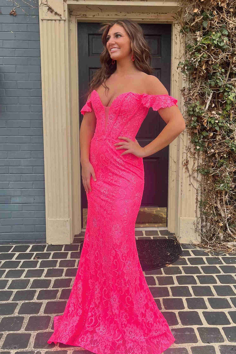 Magenta Off the Shoulder Mermaid Lace Prom Dress – FancyVestido