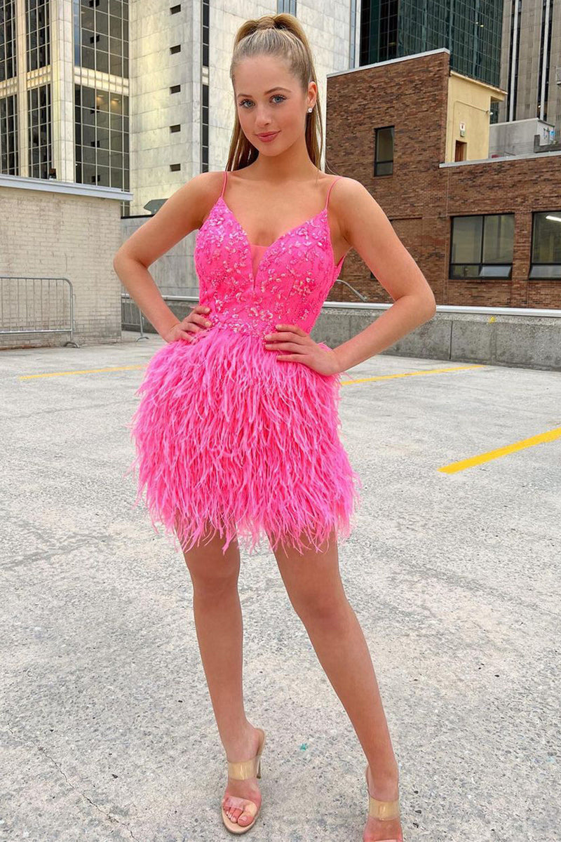 Sequined Top Black Tight Homecoming Dress with Feather