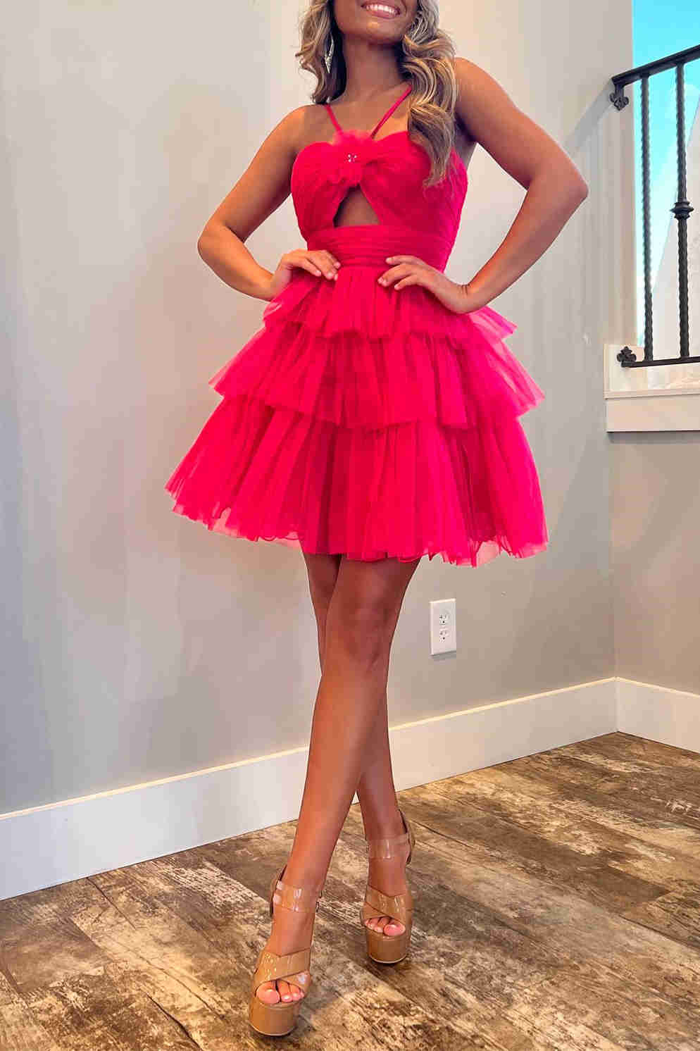 Orange Straps Keyhole Layered Tulle Homecoming Dress with Flower Hot Pink Color 