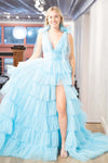Bow Straps Orange V-Neck Ruffled Tulle Long Prom Dress with Slit
