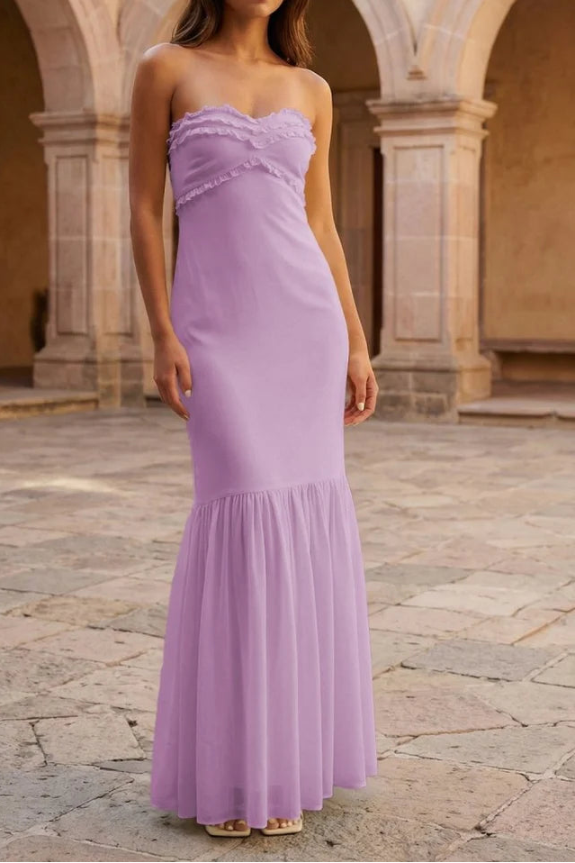 Yellow Satin And Chiffon Ruffle Strapless Party Prom Dress