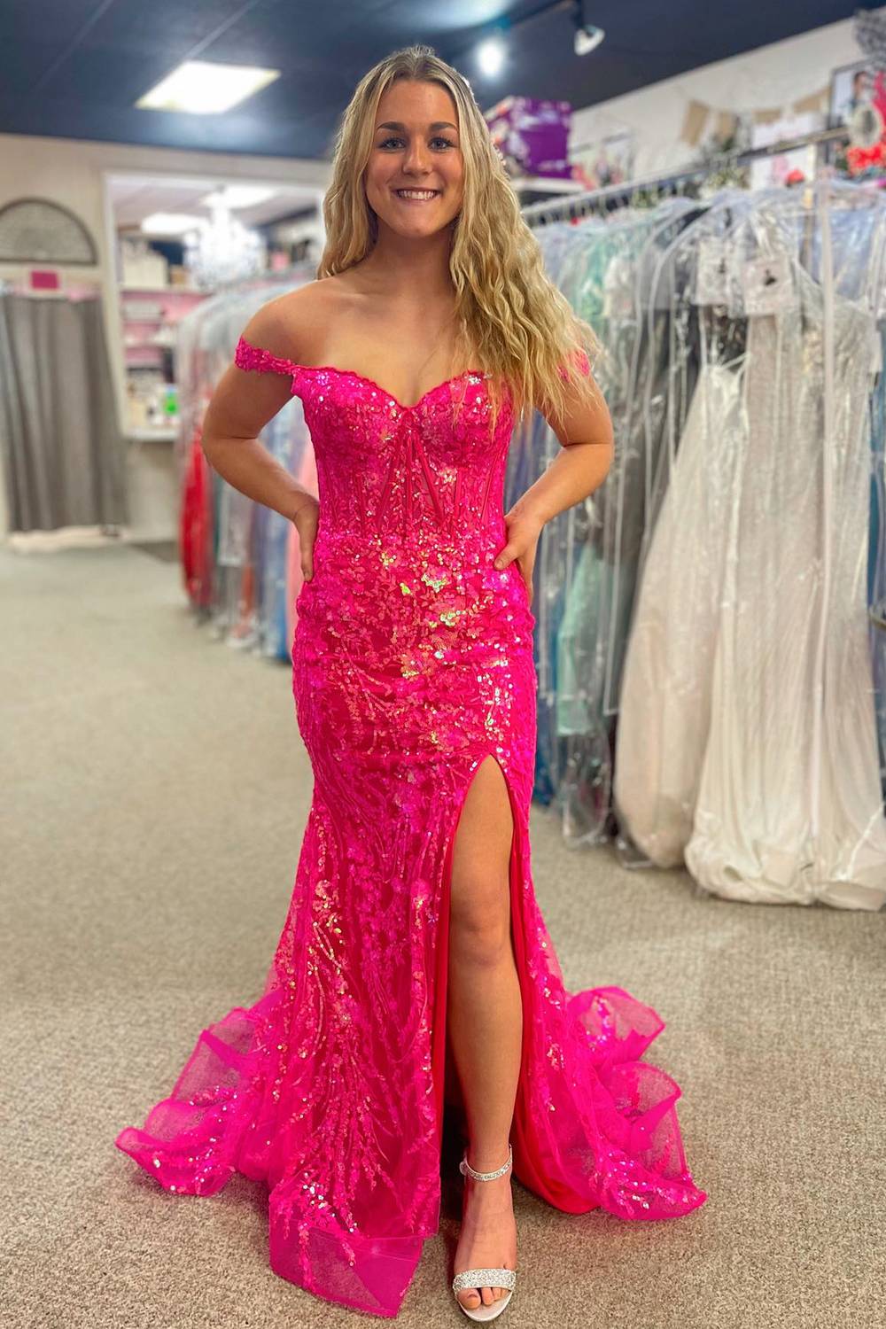 Off the Shoulder Gold Sequin Corset Mermaid Prom Dress with Slit FancyVestido Off the Shoulder Gold Sequin Corset Mermaid Prom Dress with Slit FancyVestido