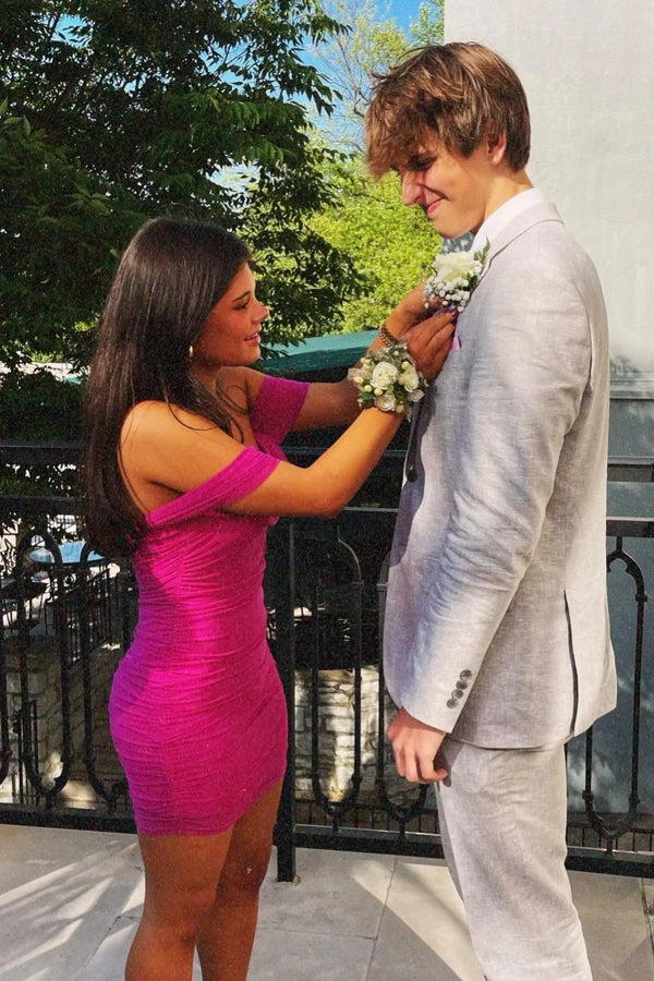 Off Shoulder Ruched Tight Tulle Short Homecoming Dress